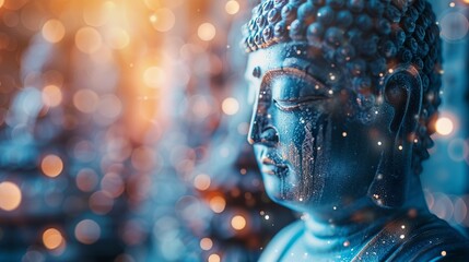 A close up of a blue buddha statue with a bokeh background in shades of blue and orange. - obrazy, fototapety, plakaty