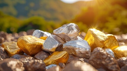 A pile of gold and silver nuggets on a sunny day. - obrazy, fototapety, plakaty