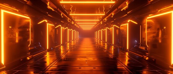 The corridor is bathed in a warm, orange glow, with the play of light creating a sense of depth and intrigue in a sci-fi setting.