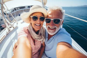 Happy elderly couple of tourists take a selfie on the seascape while traveling on a sailing yacht. Travel retirement concept. AI generated.