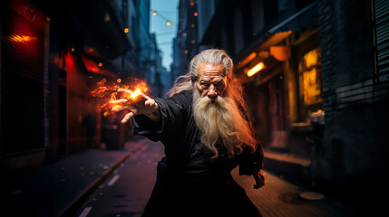 an old Chinese master throws fire with his hands