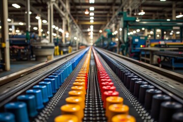 Sewing colored threads on a conveyor line, fabric factory, textile production, selective focus