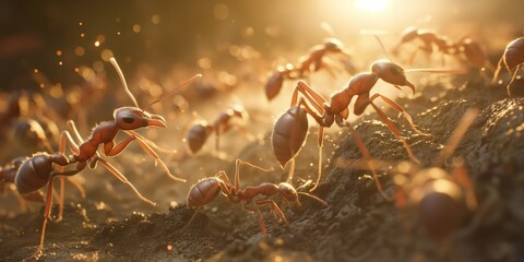 Hyper-realistic depiction of an ant colony actively engaged in teamwork on sunlit ground