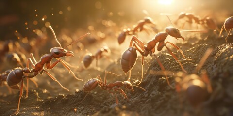 Fototapeta premium Hyper-realistic depiction of an ant colony actively engaged in teamwork on sunlit ground