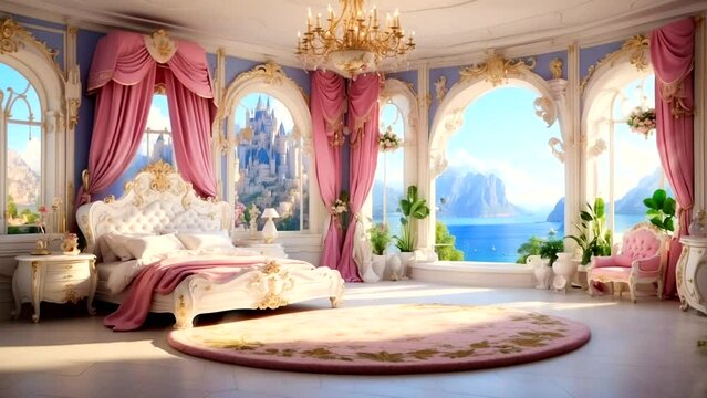 The interior of the woman's bedroom is all pink, like a princess's room. beautiful view outside the window