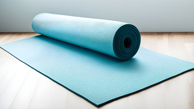 A yoga mat on a solid color background, promoting healthy living and exercise concepts