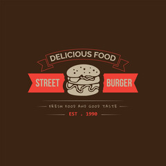 Burger logo in vintage design with red and cream color for burger shop template design