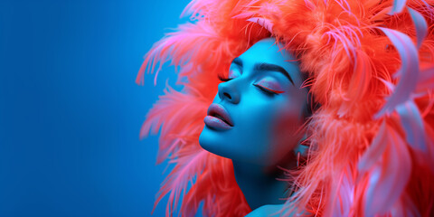 Portrait of an extravagant woman with feathered hair accessories against a blue background
