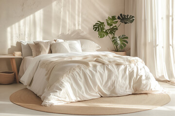 A serene bedroom scene highlighting hypoallergenic bedding to combat dust mites under powerful cinematic light showcasing prevention in a majestic clean setting with copy space - obrazy, fototapety, plakaty