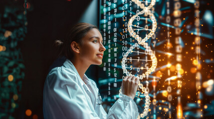 a scientist works on a holographic image of a DNA strand