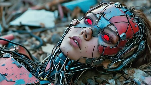 Photo of a broken ruined cyborg girl in a landfill