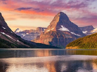 Beautiful Panoramic View of a Glacier Lake with American Rocky Mountain Landscape