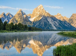 Landscape view of the sunrise in Grand Teton National Park as seen from Oxbow Bend Wyoming