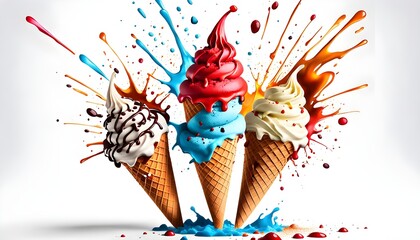 Delicious berries and chocolate exploding cone ice cream, on isolated white background, stock photos, stock images, illustrations	