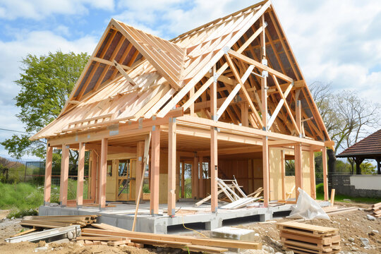 Construction of wooden frame house, assembly of frame house, warm and ecological modern house