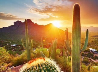  Sunset in Saguaro National Park with Saguaros in the foreground.Arizona, USA