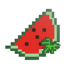 Illustration of 8 bits pixel art of watermelon in white background is represent as retro gaming element.