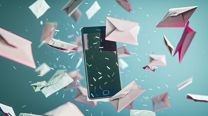 email clutter and spam concept with envelopes flying above smartphone - obrazy, fototapety, plakaty