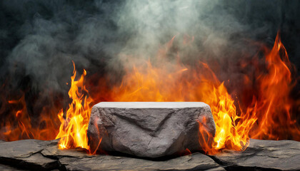 Stone podium with fire flames and smoke on dark background. Abstract empty pedestal