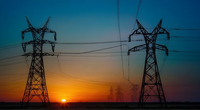 Electric Power Lines at Sunset - Energy Infrastructure - Vibrant Sky - Technological Grid