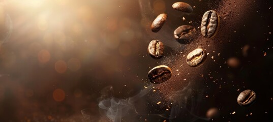 Roasted coffee beans in motion against dark backdrop for captivating visual appeal