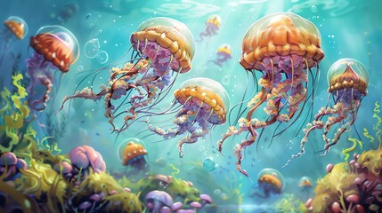 A school of jellyfish floating gracefully in a crystal clear ocean, created by a unique illustrator - obrazy, fototapety, plakaty