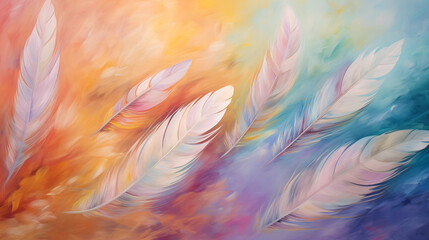 Fototapeta na wymiar Feathers on a colorful background. Impressionism style .ai generated