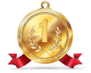 A shining golden medal for first place isolated image on white background