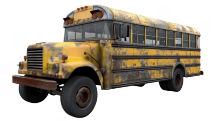 a yellow school bus with a broken front window. transparent background png