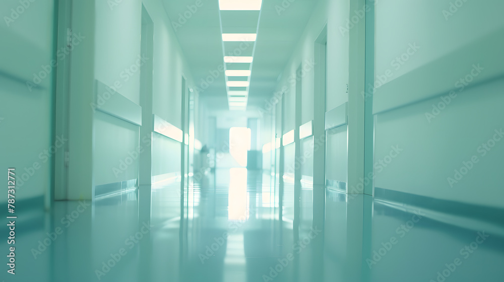 Poster Bright empty defocused hospital corridor background with copy space : Generative AI