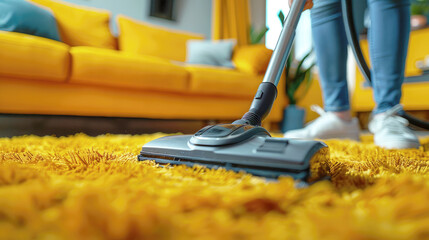 Cleaning a house, apartment, removing dust and dirt. A modern vacuum cleaner moves over a soft carpet in a home environment, close-up.