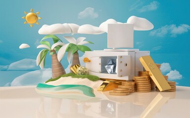 Abstract of safe box full of coins,gold bar,diamond with island or sandy beach,sun isolated on blue sky background, business banking concept