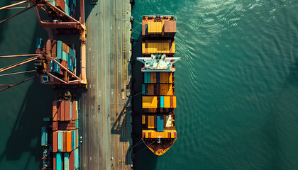 Fototapeta na wymiar Ocean large container ship in the port unloading, top view