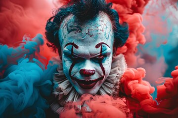 A clown with a creepy face and red smoke in the background of a photo of a clown with a creepy face