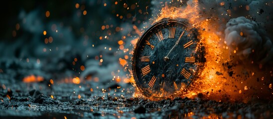 A circle classic clock is in the fire explodes. Smoke is around. The running out of time concept. - obrazy, fototapety, plakaty