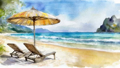 Foto op Aluminium Beautiful beach banner. White sand, chairs and umbrella travel tourism wide panorama background concept. Amazing beach watercolor landscape watercolor painting  © Zaheer