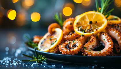 Grilled octopus dish   traditional mediterranean cuisine served on elegant black platter