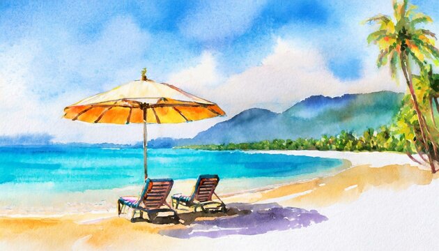 Beautiful beach banner. White sand, chairs and umbrella travel tourism wide panorama background concept. Amazing beach watercolor landscape watercolor painting 