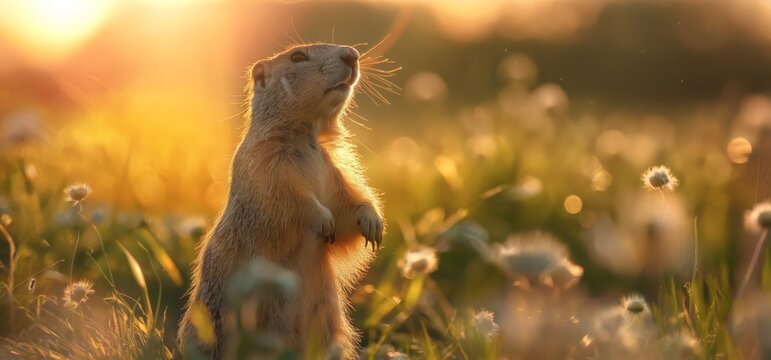 Serene image of a prairie dog standing upright in a field during a beautiful sunset