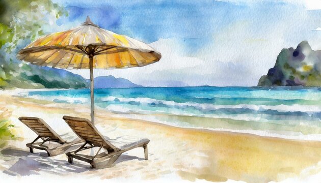 Beautiful beach banner. White sand, chairs and umbrella travel tourism wide panorama background concept. Amazing beach watercolor landscape watercolor painting 