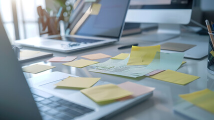 Computer security laptop with various sticky password notes on a white desk concept for safety in home office business or study copy space selected focus narrow depth of field : Generative AI