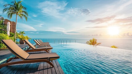 Obraz premium Beautiful luxury swimming pool in hotel resort with umbrella and chair