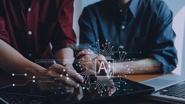 Ai technology, Artificial Intelligence. man using technology smart robot AI, artificial intelligence by enter command prompt for generates something, Futuristic technology transformation. Chat with AI