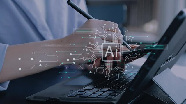 Ai technology, Artificial Intelligence. man using technology smart robot AI, artificial intelligence by enter command prompt for generates something, Futuristic technology transformation. Chat with AI