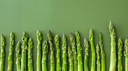 Fresh green asparagus on a green background. Delicious and healthy vegetables. Vegetarianism.