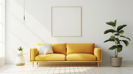 Pastel yellow sofa, frame mockup, white blank wall dome modern interior background - obrazy, fototapety, plakaty