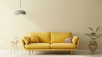Pastel yellow sofa, white bin wall domed modern interior background for frame mockup