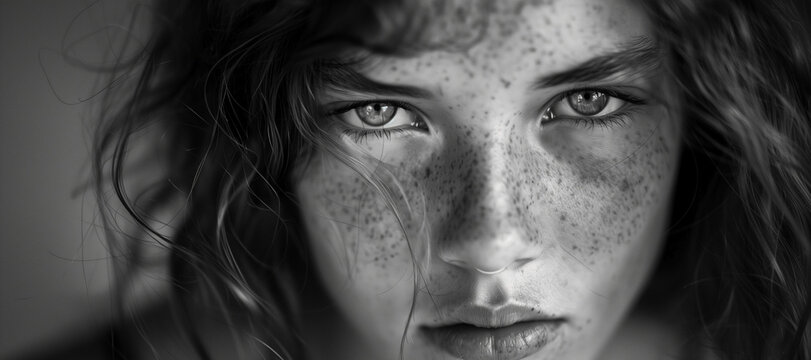 Close up black and white porrait of a teenager looking directly at the camera. She has dakr hair,, freckles and piercing eyes. A troubled teen but determined to survive on her own