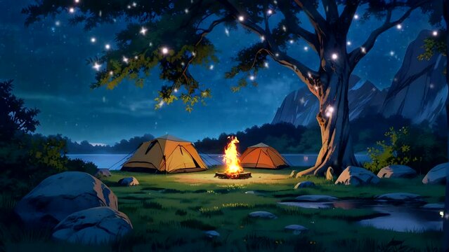 camp at night by the lake with a campfire. illustration