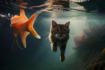 A cat swimming under a fish AI-generated Digital Art